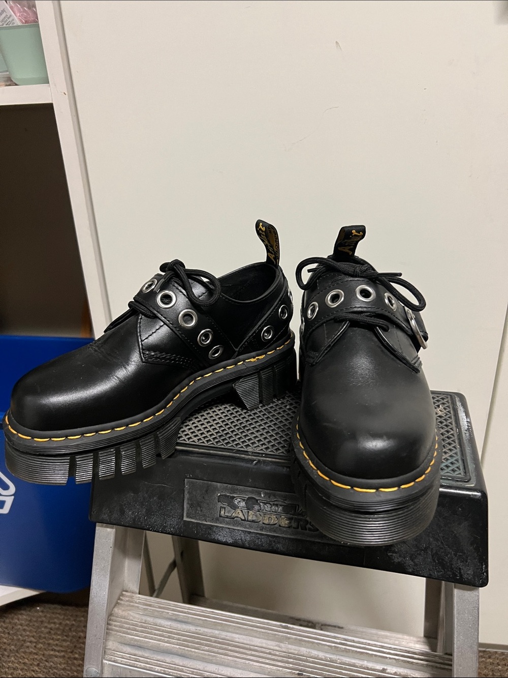 Dr. Martens Black Leather Lug-Sole Mary Jane Shoes with Yellow Stitching - Picture 5 of 7